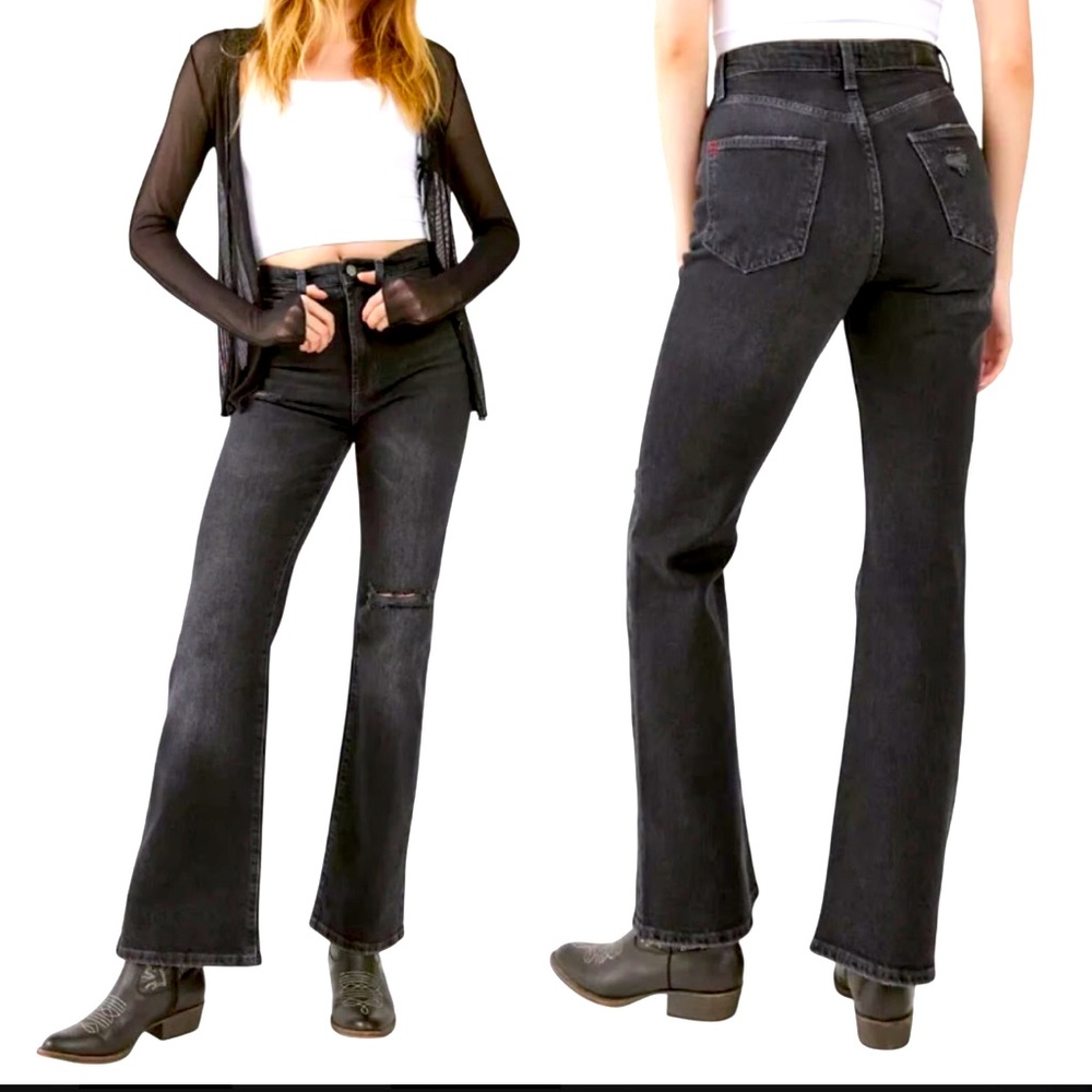 Urban Outfitters BDG Jeans Stretch High Rise Flare Leg Distressed Denim Black 29